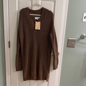 Cozy Brown V-Neck Sweater Dress
